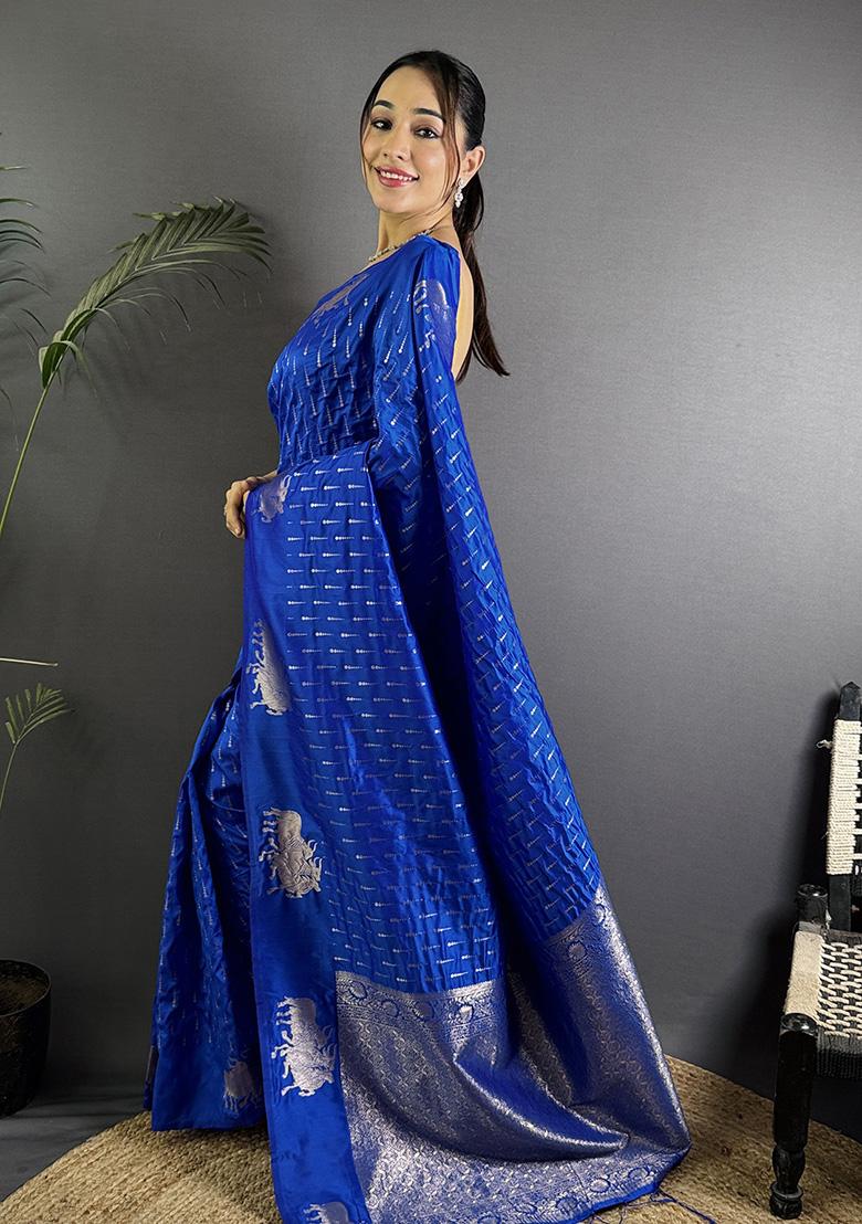 Royal Blue Woven Silk Saree Set