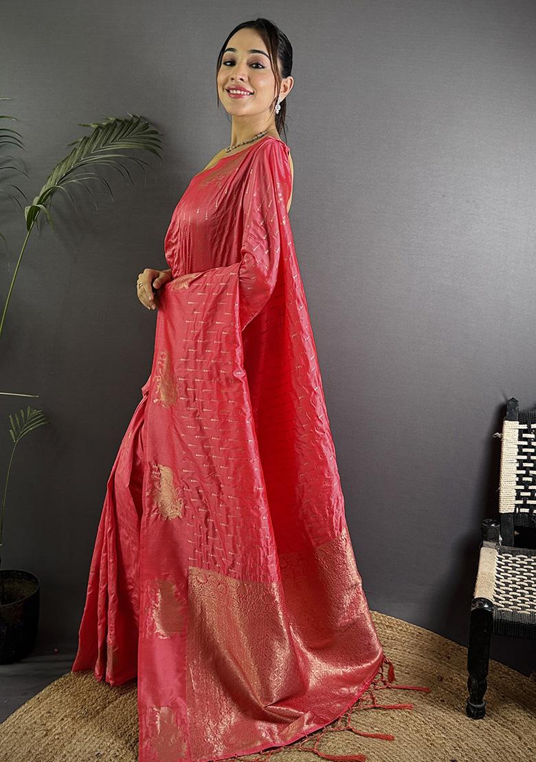 Pink Woven Silk Saree Set