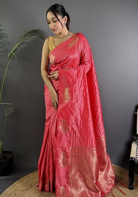 Pink Woven Silk Saree Set