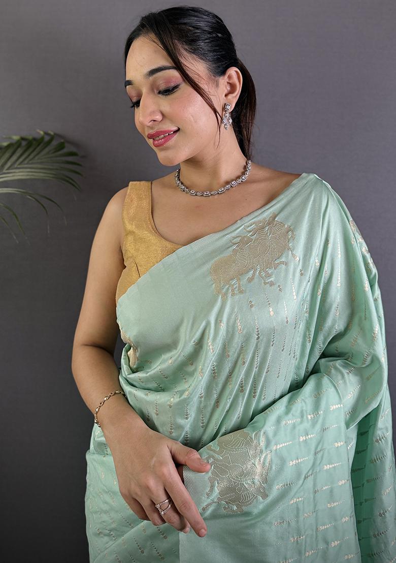 Sea Green Woven Silk Saree Set