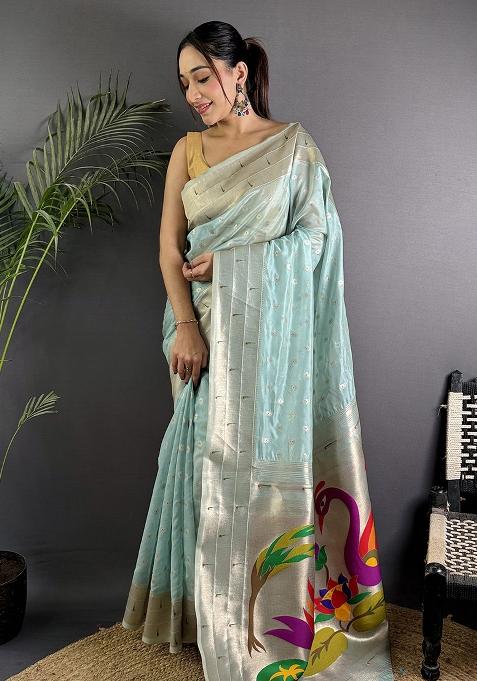 Pale Blue Woven Silk Saree Set