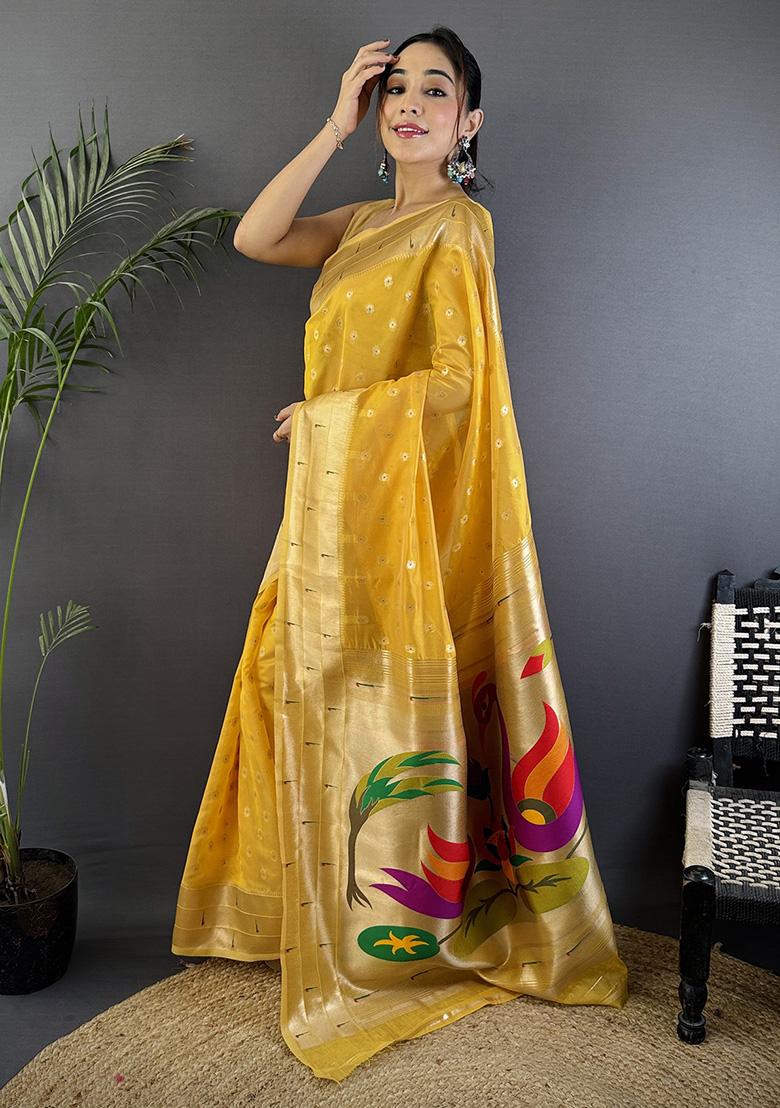 Yellow Woven Silk Saree Set
