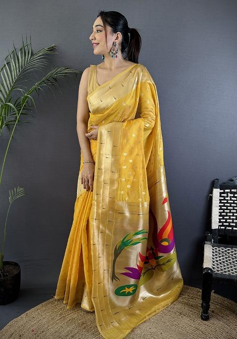 Yellow Woven Silk Saree Set