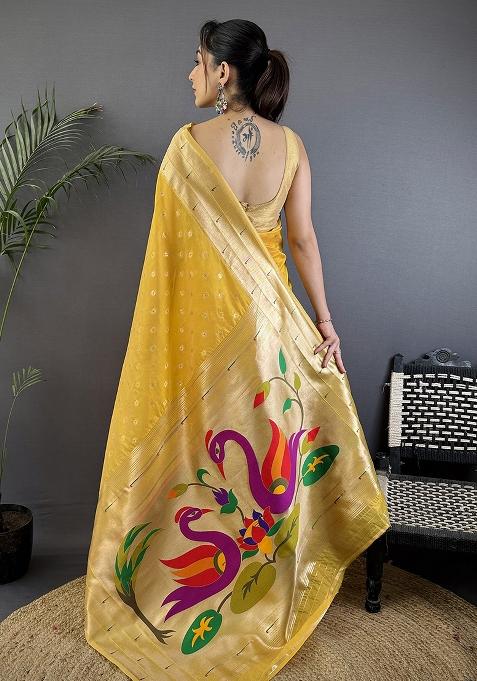 Yellow Woven Silk Saree Set