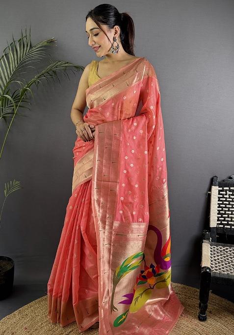 Pink Woven Silk Saree Set