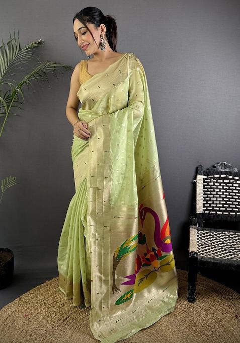 Olive Green Woven Silk Saree Set