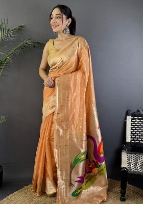 Peach Woven Silk Saree Set