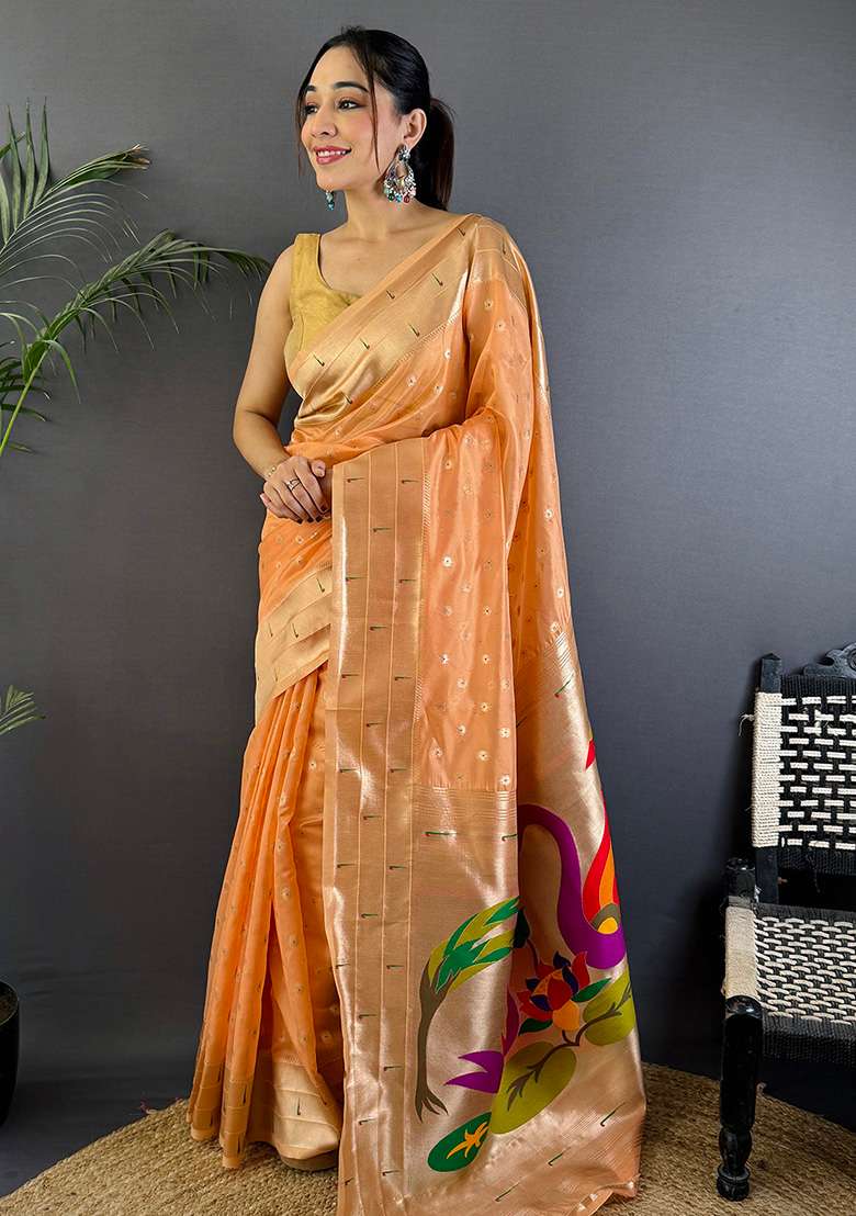 Peach Woven Silk Saree Set - Indya