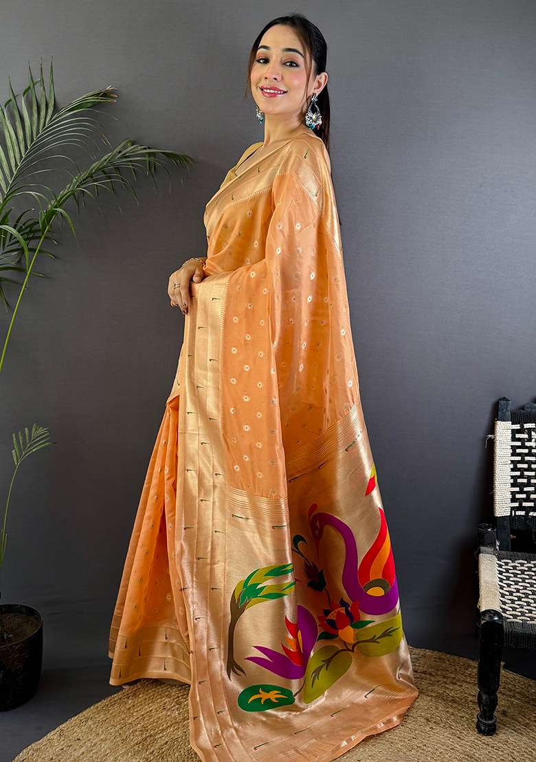Peach Woven Silk Saree Set - Indya