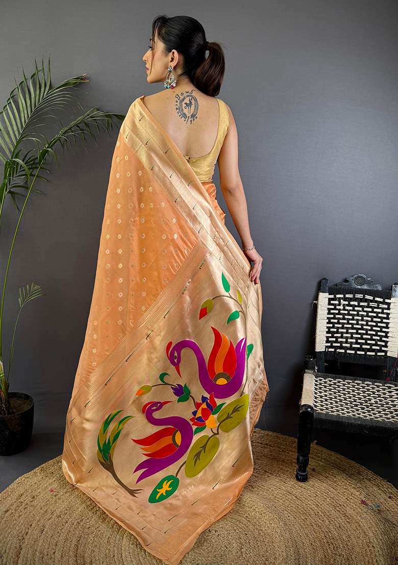 Peach Woven Silk Saree Set - Indya