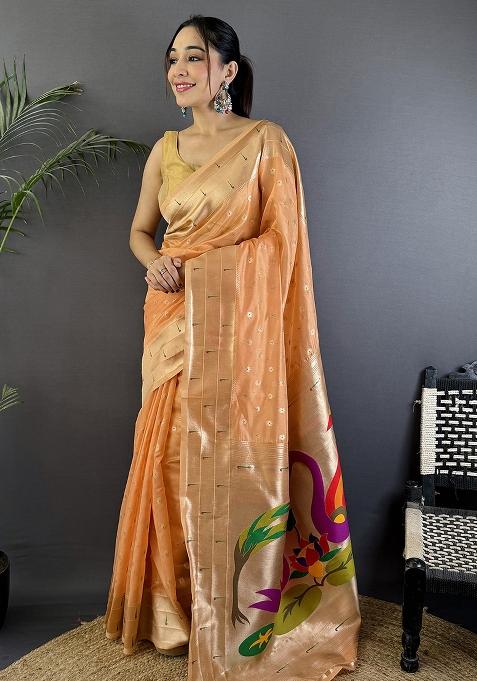 Peach Woven Silk Saree Set