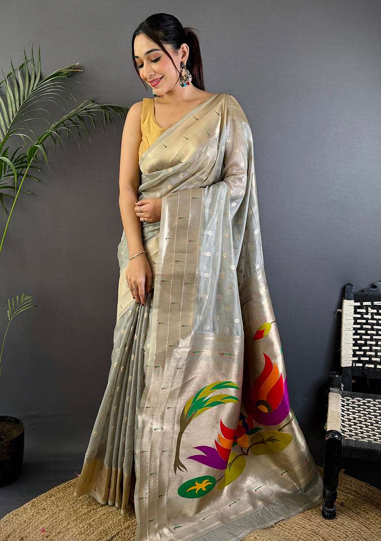 Grey Woven Silk Saree Set - Indya