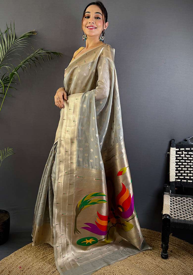 Grey Woven Silk Saree Set - Indya