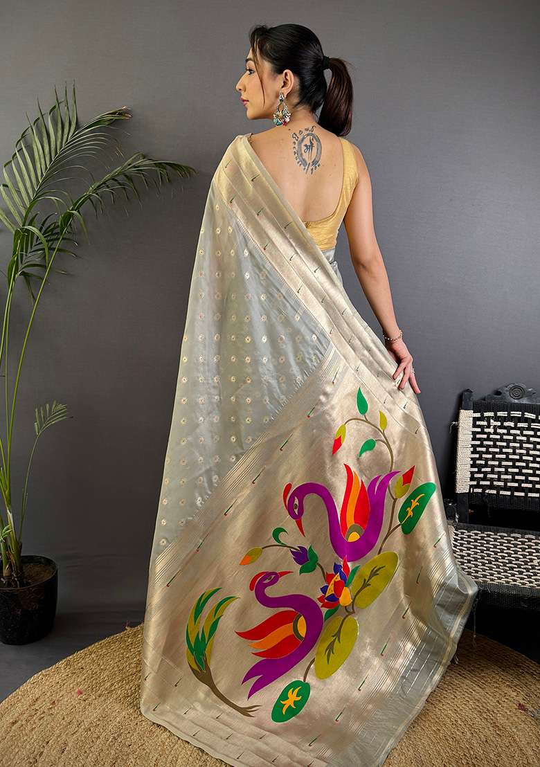 Grey Woven Silk Saree Set - Indya