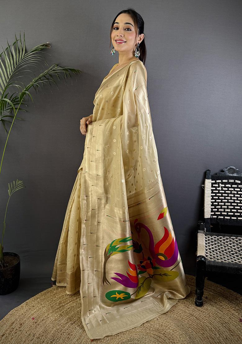 Beige Woven Silk Saree Set - Indya