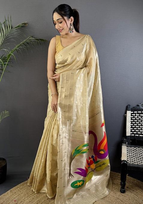 Beige Woven Silk Saree Set