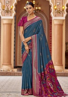 Teal Woven Silk Saree Set