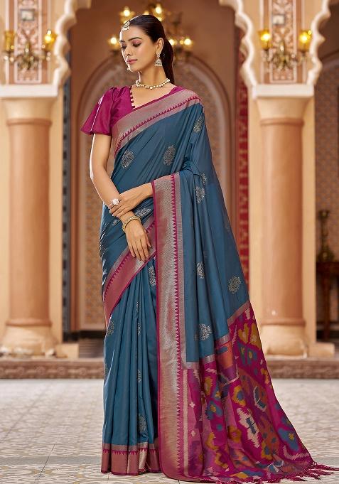 Teal Woven Silk Saree Set