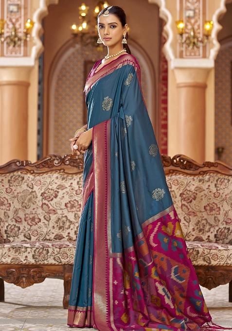Teal Woven Silk Saree Set