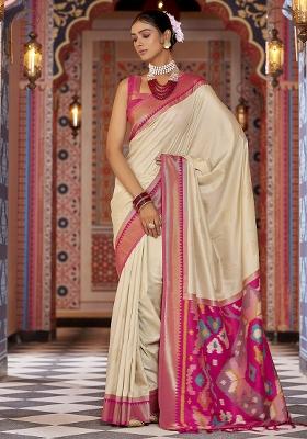 Cream Woven Silk Saree Set