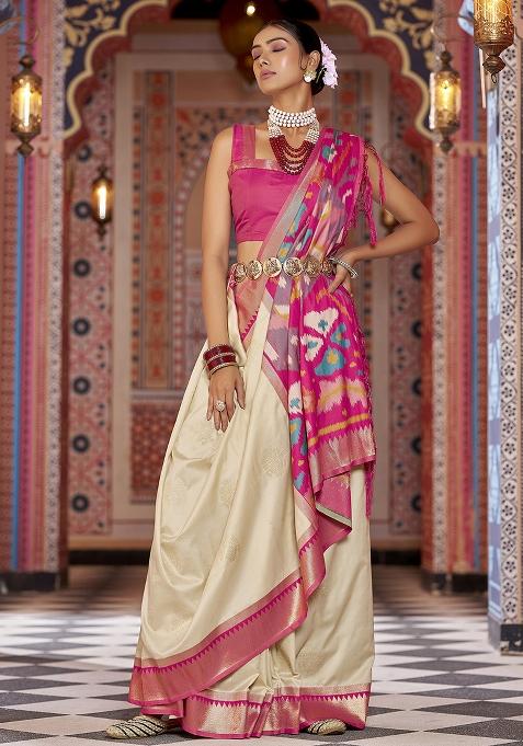 Cream Woven Silk Saree Set