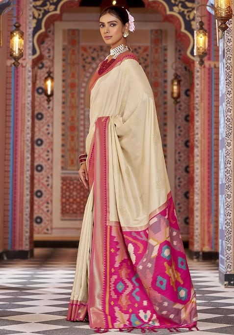 Cream Woven Silk Saree Set