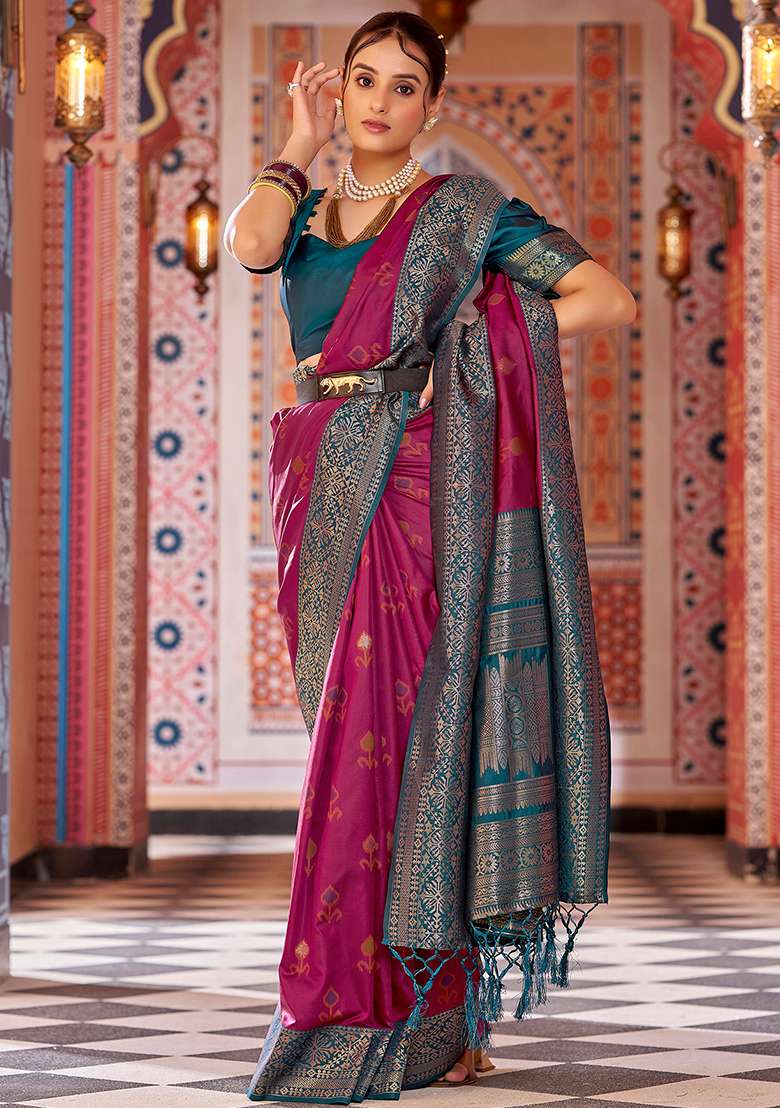 Maroon Woven Silk Saree Set - Indya
