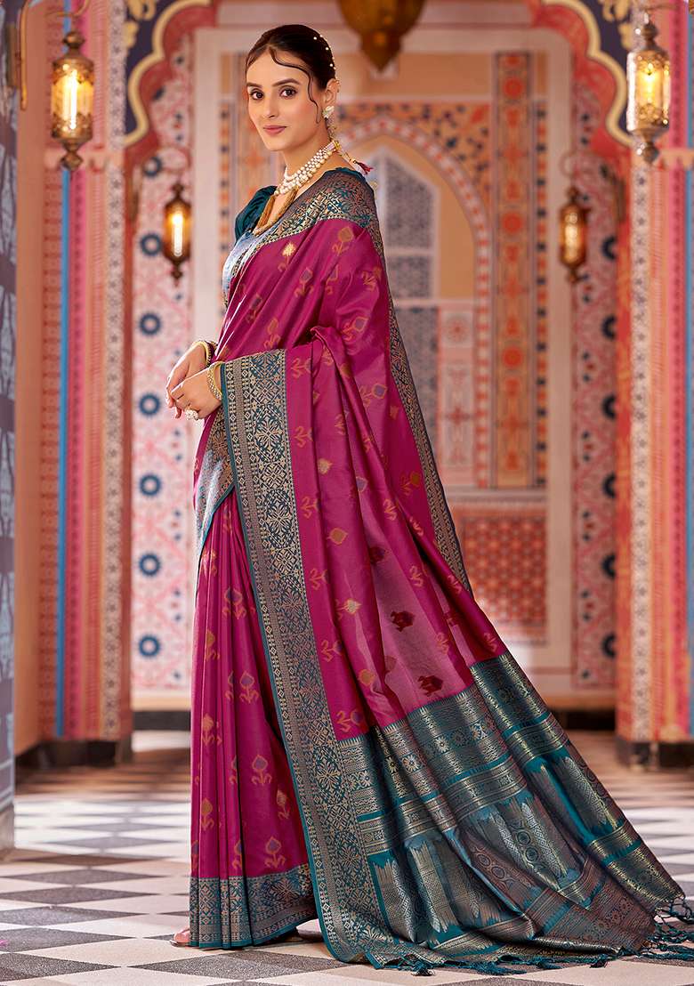 Maroon Woven Silk Saree Set - Indya