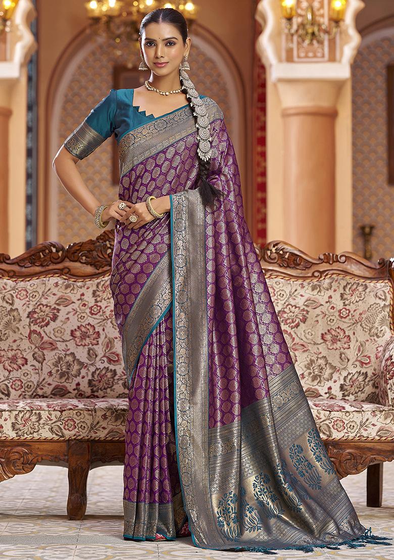 Purple Woven Silk Saree Set