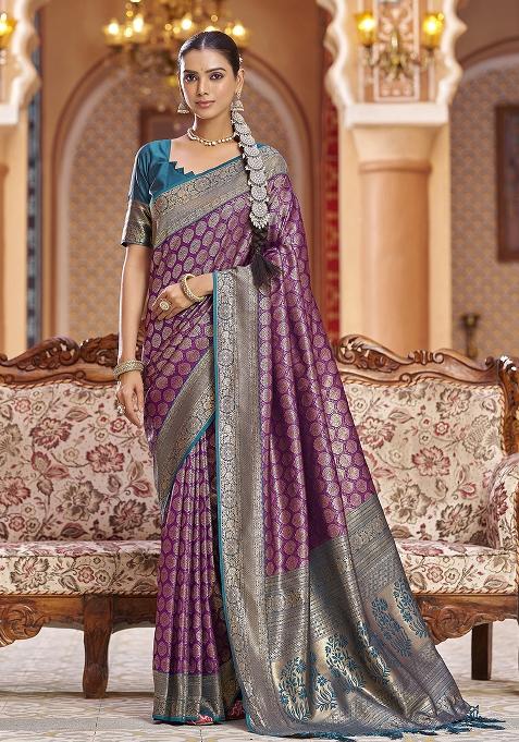 Purple Woven Silk Saree Set