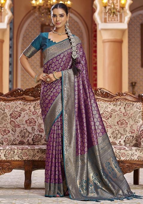 Purple Woven Silk Saree Set
