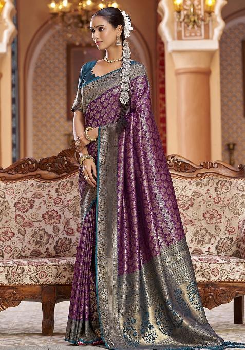 Purple Woven Silk Saree Set