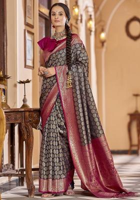 Navy Blue Woven Silk Saree Set