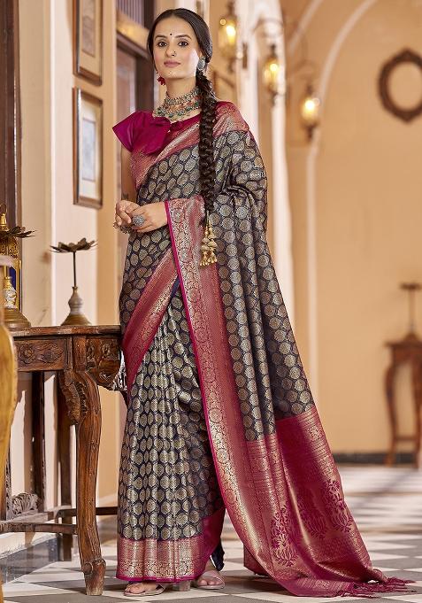 Navy Blue Woven Silk Saree Set