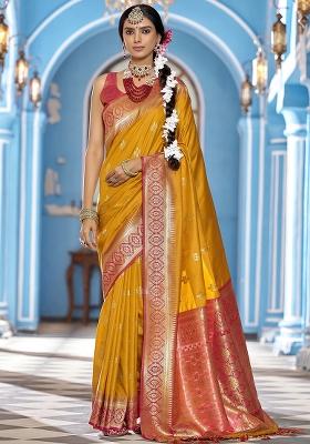 Mustard Woven Silk Saree Set