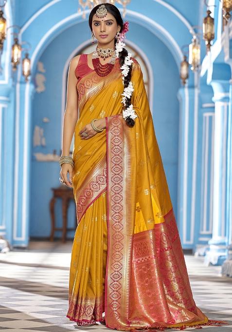 Mustard Woven Silk Saree Set