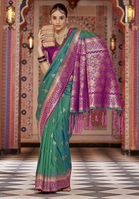 Teal Woven Silk Saree Set