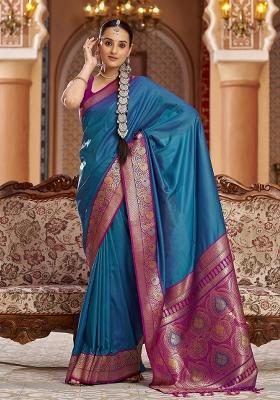 Blue Woven Silk Saree Set
