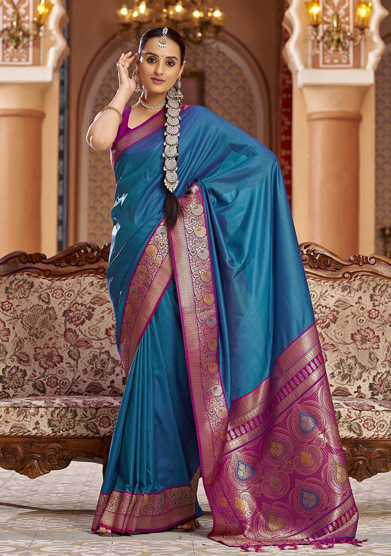 Blue Woven Silk Saree Set