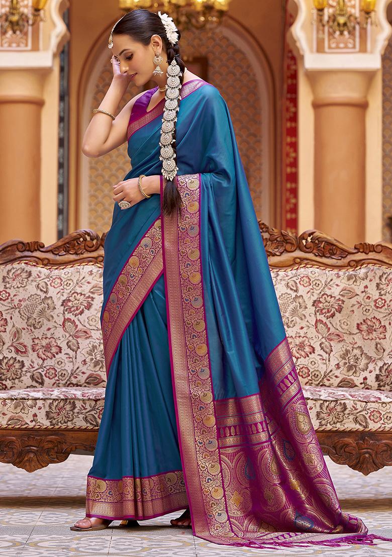 Blue Woven Silk Saree Set - Indya