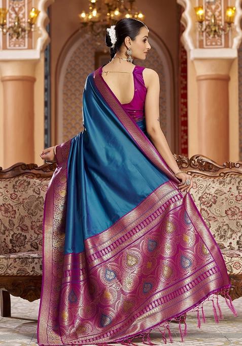 Blue Woven Silk Saree Set