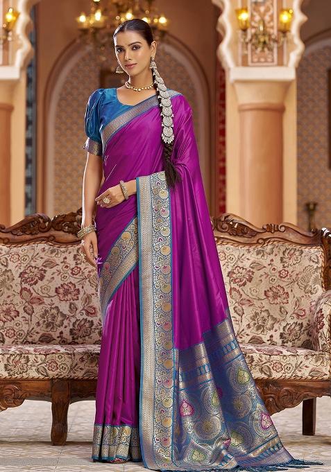 Pink Woven Silk Saree Set