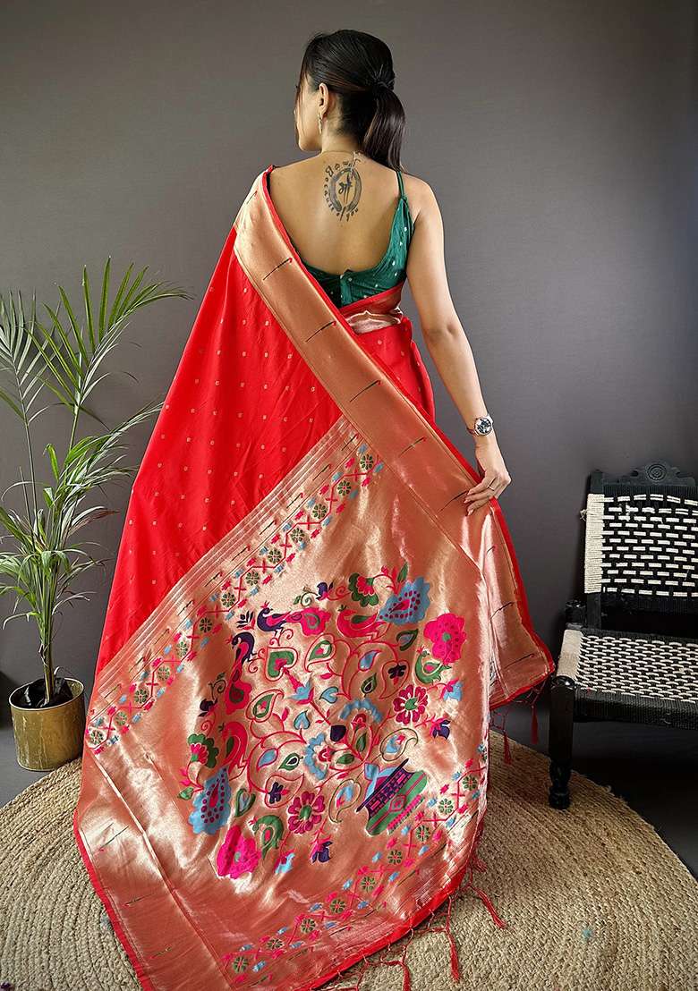Red Woven Silk Blend Saree Set for Diwali | Wedding & Festive Wear - Indya