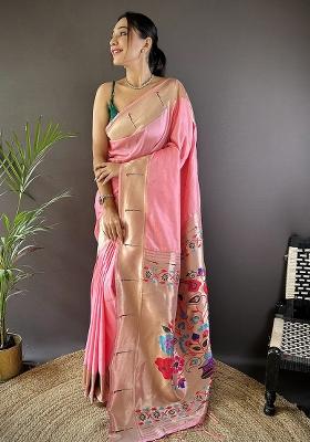 Rose Pink Woven Silk Saree Set