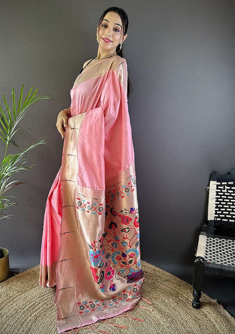 Rose Pink Woven Silk Blend Saree Set for Diwali and Festive Wear - Indya