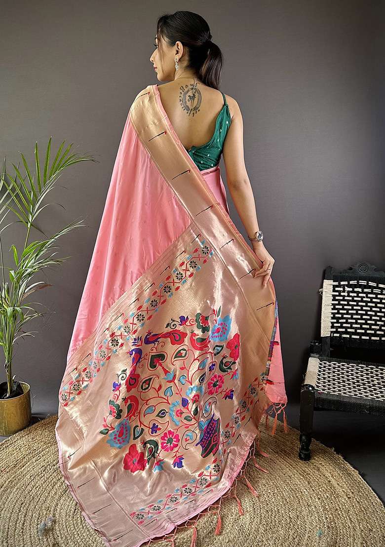 Rose Pink Woven Silk Blend Saree Set for Diwali and Festive Wear - Indya