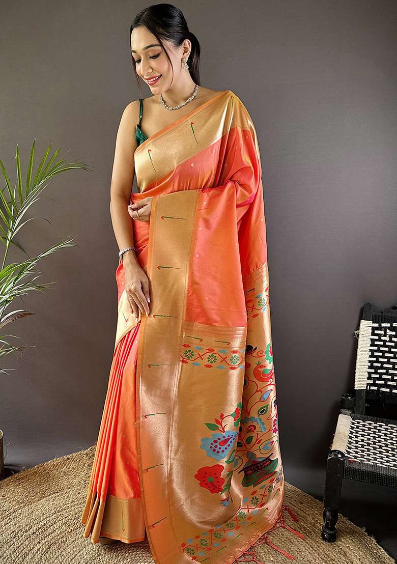 Orange Woven Silk Blend Saree Set for Diwali | Wedding & Festive Wear - Indya