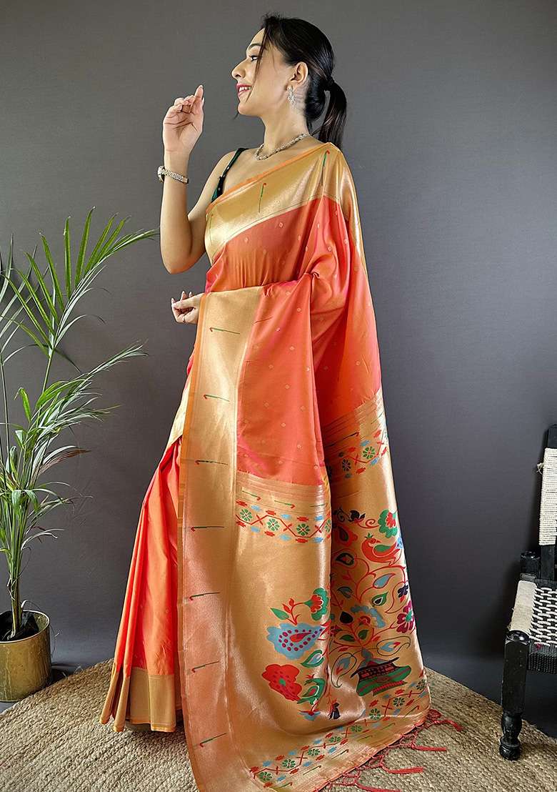 Orange Woven Silk Blend Saree Set for Diwali | Wedding & Festive Wear - Indya