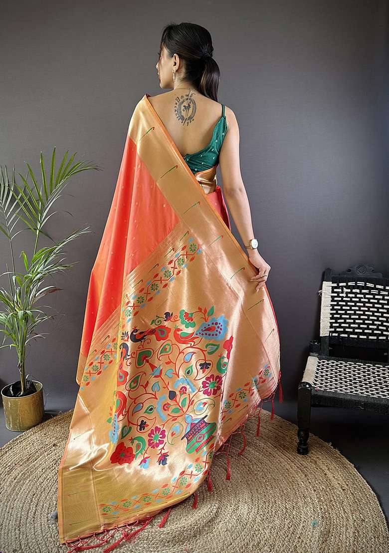 Orange Woven Silk Blend Saree Set for Diwali | Wedding & Festive Wear - Indya