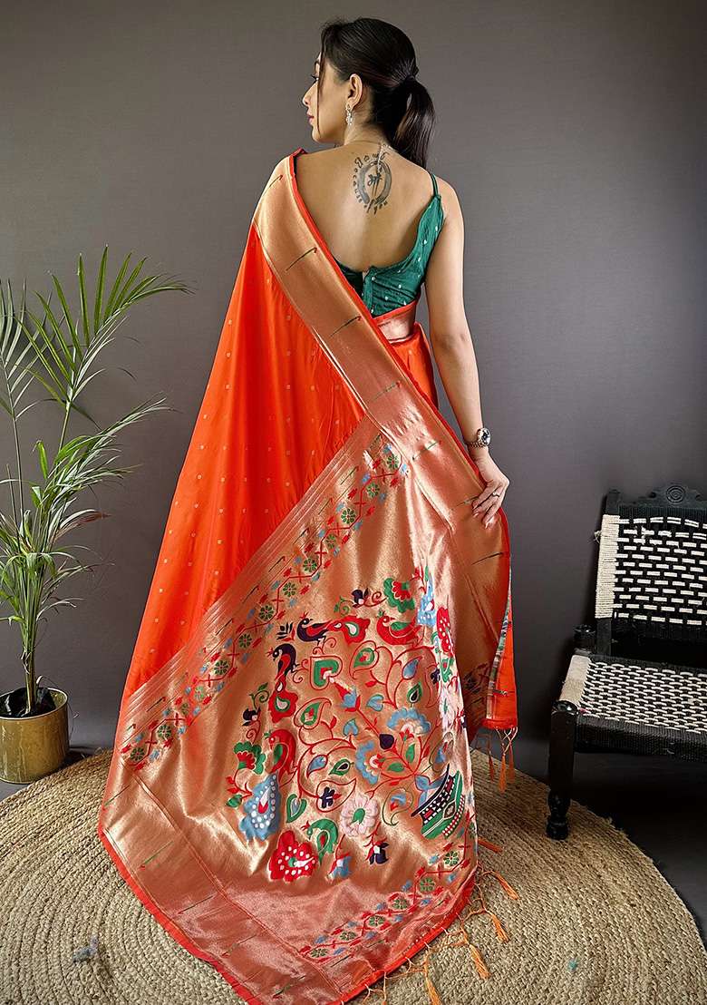 Red Woven Silk Blend Saree Set for Diwali and Festive Wear - Indya
